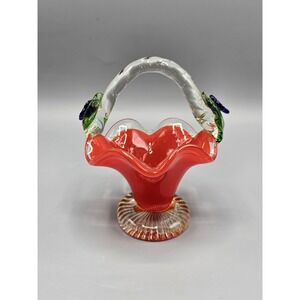 Vintage‎ Hand Blown Red Ruffled Basket Art Glass Blue Flowers Green Grass